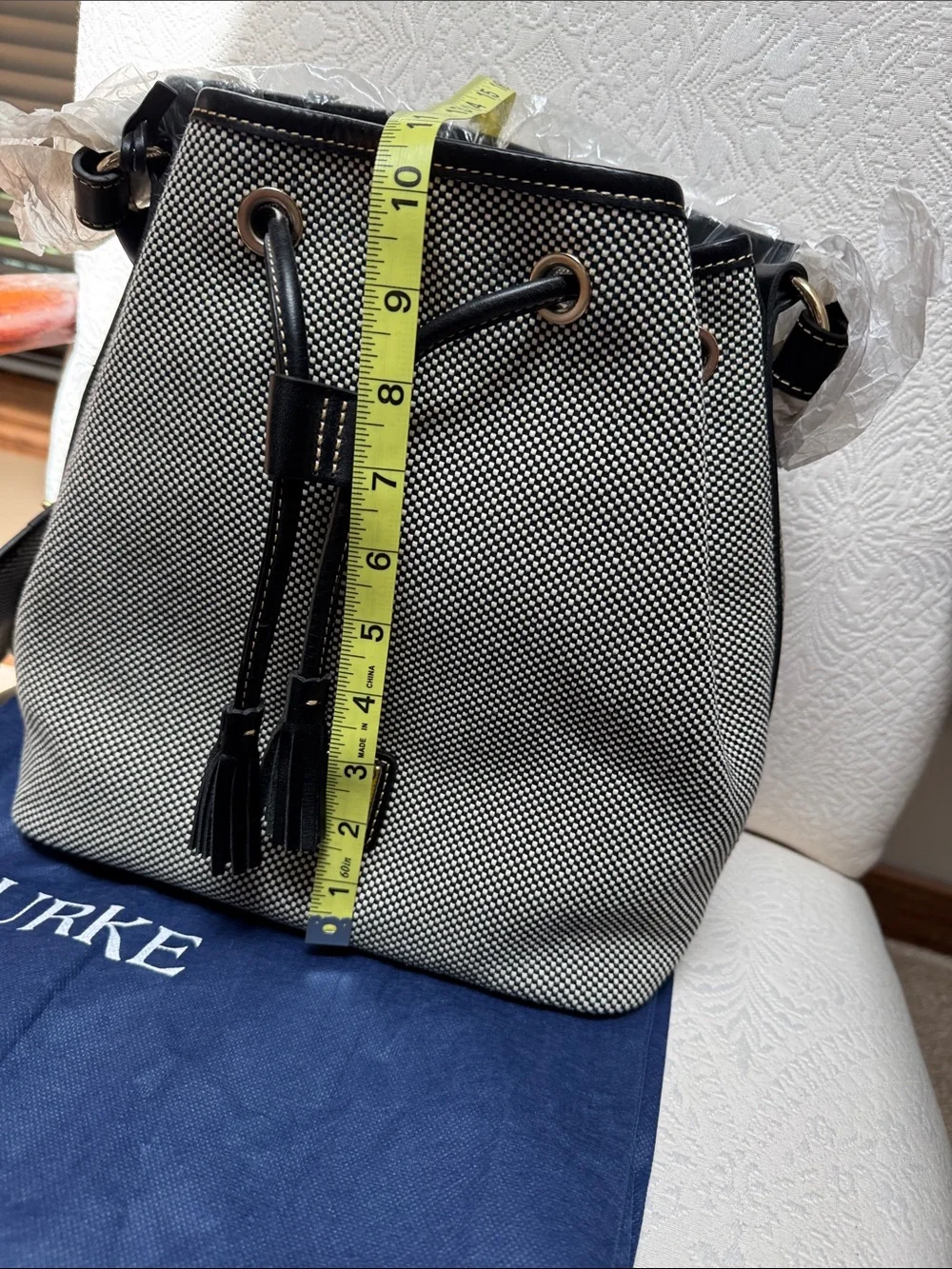 Black & White Textured fabric Bucket Bag with Tassel Drawstring NWT